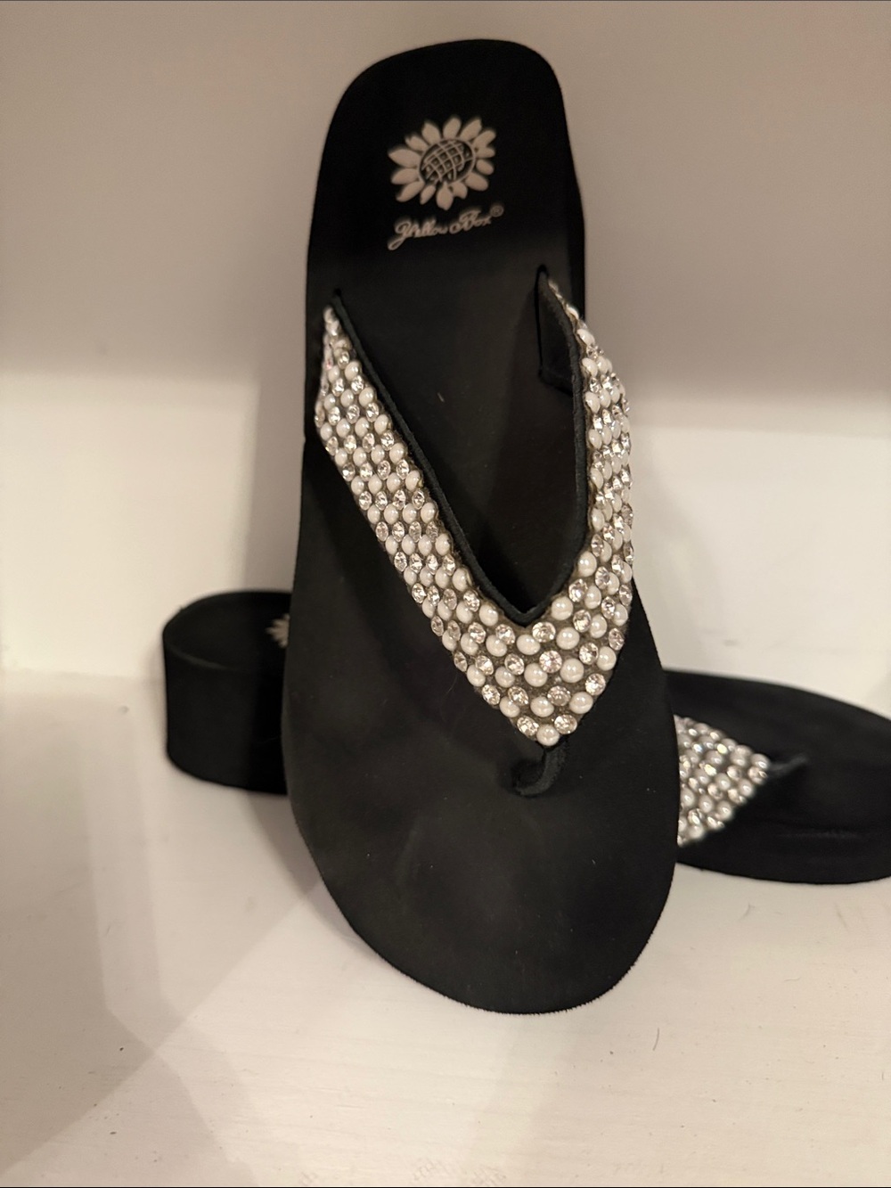 Yellow Box Black Rhinestone Wedge Sandals